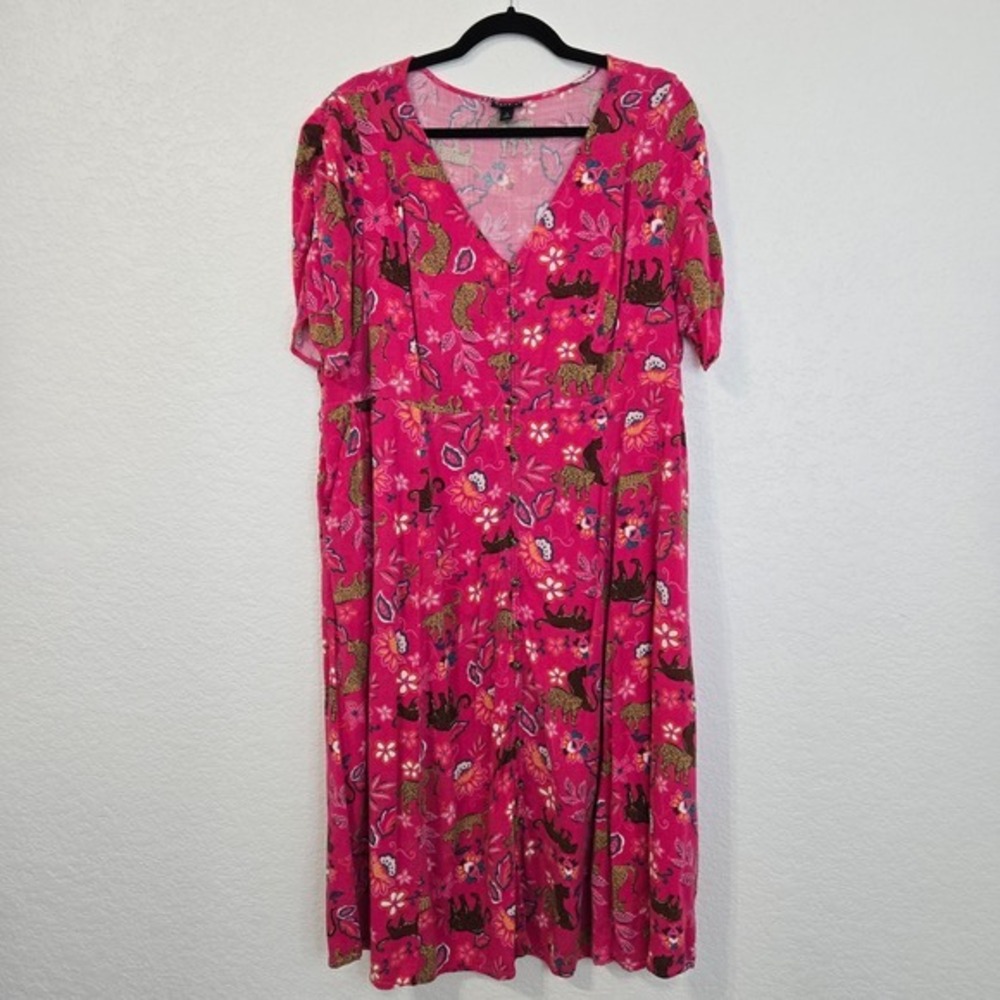 Torrid 2 Pink Leopard Floral Print Midi Dress Button Front V Neck Short Sleeve - Picture 1 of 6